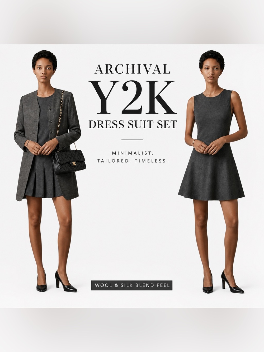 Vintage Y2K Luxury Wool Dress Suit Set Gray Minimalist Blazer & Sleeveless Dress
